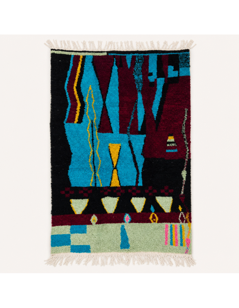 Tapis Beni Ouarain artisanal marocain en laine anthracite et multicolore