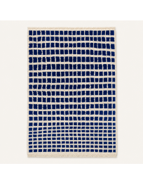 Tapis Beni Ouarain artisanal marocain en laine bleu foncé et écru à motif quadrillé