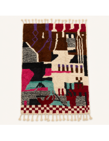 Tapis Beni Ouarain artisanal marocain en laine brun chocolat et écru à motif abstrait multicolore