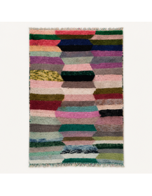 Tapis Beni Ouarain artisanal marocain en laine rose poudré et vert forêt à bandes abstraites