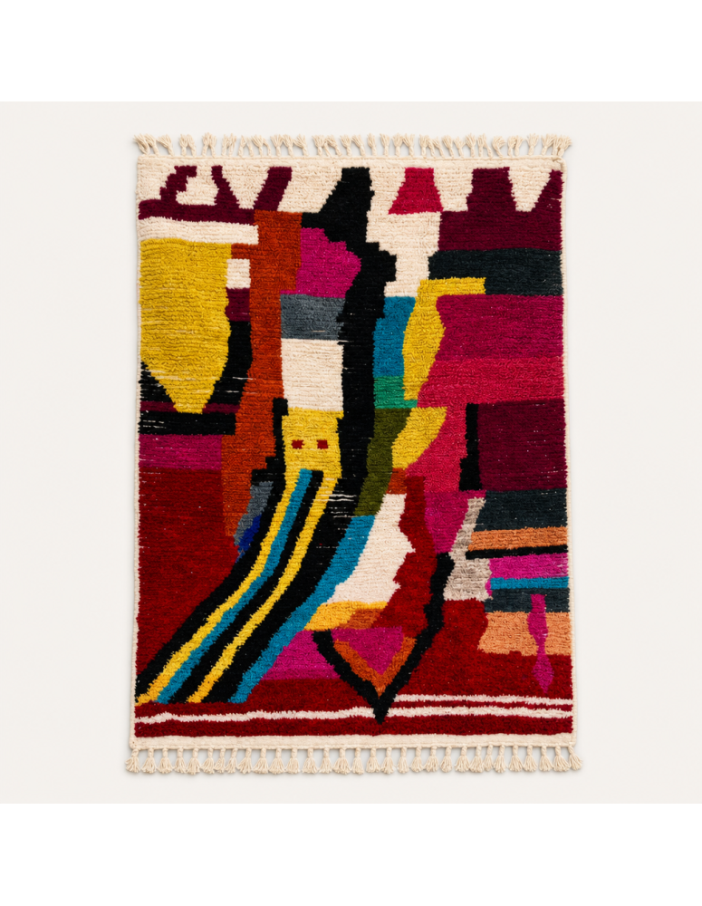 Tapis Beni Ouarain artisanal marocain en laine bordeaux et multicolore, motif géométrique abstrait