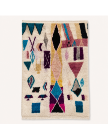 Tapis Beni Ouarain artisanal marocain en laine ivoire écru à motifs géométriques multicolores
