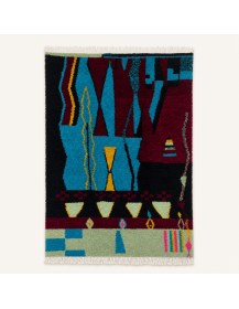 Tapis artisanal marocain en laine noir et multicolore à motif géométrique abstrait