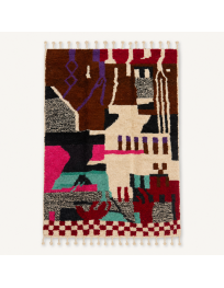 Tapis Beni Ouarain artisanal marocain en laine brun chocolat et multicolore à motifs abstraits