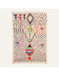 Tapis Beni Ouarain artisanal marocain en laine ivoire crème à motifs géométriques multicolores