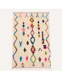 Tapis Beni Ouarain artisanal marocain ivoire écru à motifs géométriques multicolores