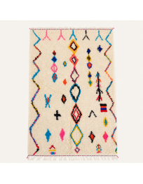 Tapis Beni Ouarain artisanal marocain ivoire écru à motifs géométriques multicolores