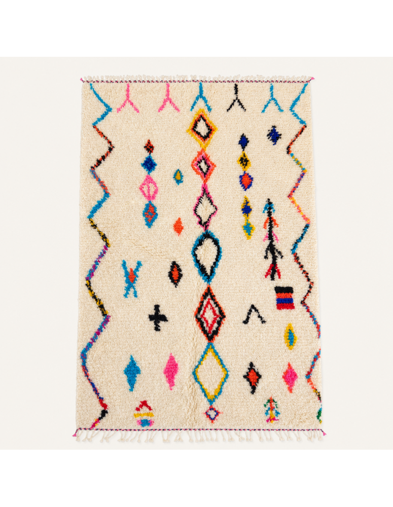 Tapis Beni Ouarain artisanal marocain ivoire écru à motifs géométriques multicolores