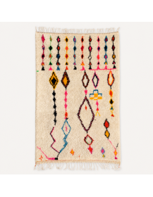 Tapis Beni Ouarain artisanal marocain ivoire crème en laine avec motifs géométriques multicolores