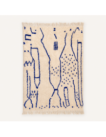 Tapis Beni Ouarain artisanal marocain en laine ivoire écru et bleu profond