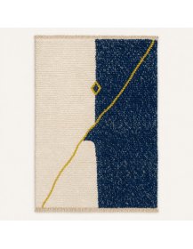 Tapis Beni Ouarain artisanal marocain en laine bleu marine et ivoire à motif géométrique abstrait