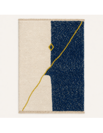 Tapis Beni Ouarain artisanal marocain en laine bleu marine et ivoire à motif géométrique abstrait