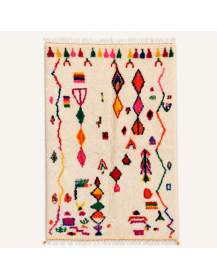 Tapis Beni Ouarain artisanal marocain en laine ivoire à motifs abstraits multicolores