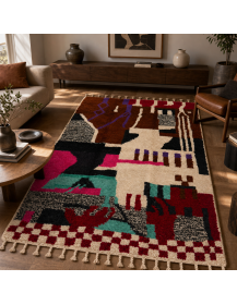 Tapis Beni Ouarain brun chocolat et multicolore dans un salon contemporain aux matières naturelles