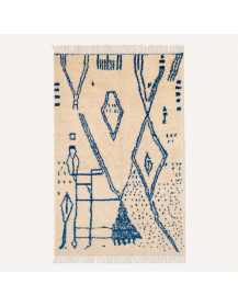 Tapis Beni Ouarain artisanal marocain en laine ivoire crème et bleu cobalt