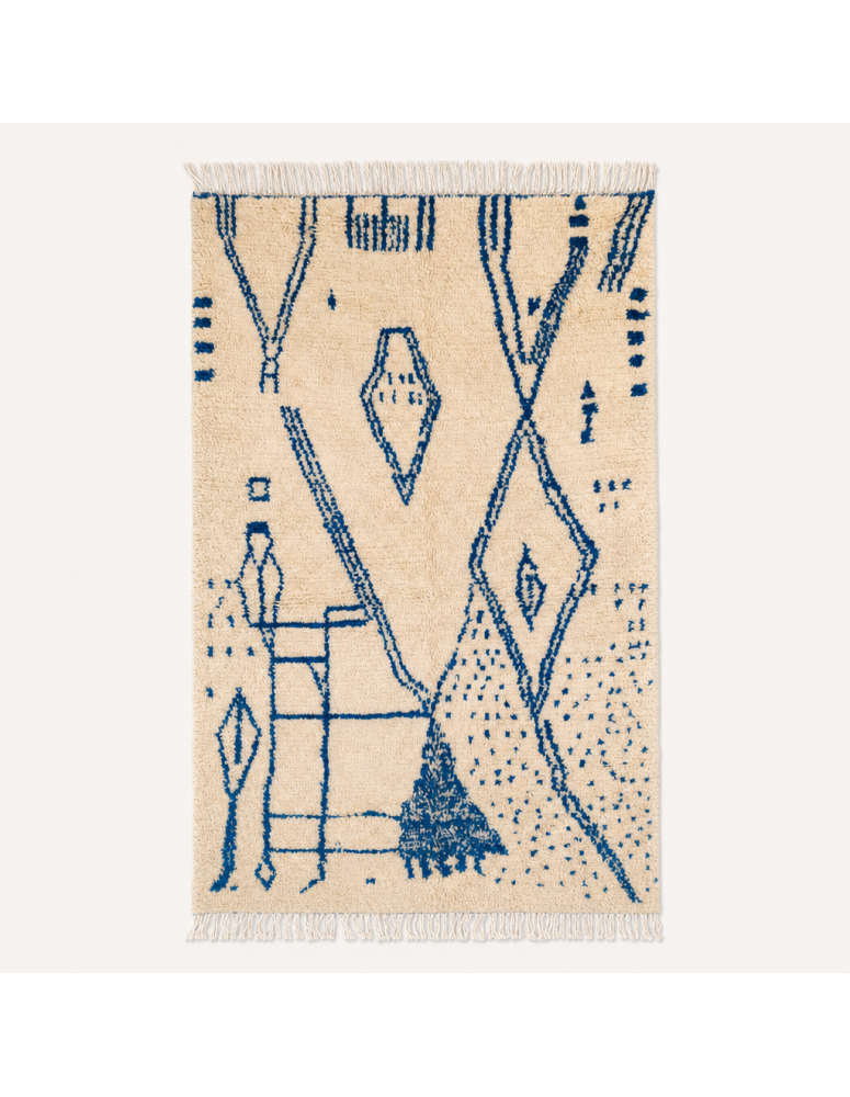 Tapis Beni Ouarain artisanal marocain en laine ivoire crème et bleu cobalt