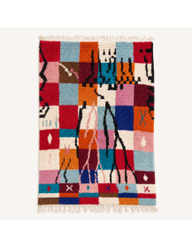 Tapis Beni Ouarain artisanal marocain en laine rouge, orange et multicolore