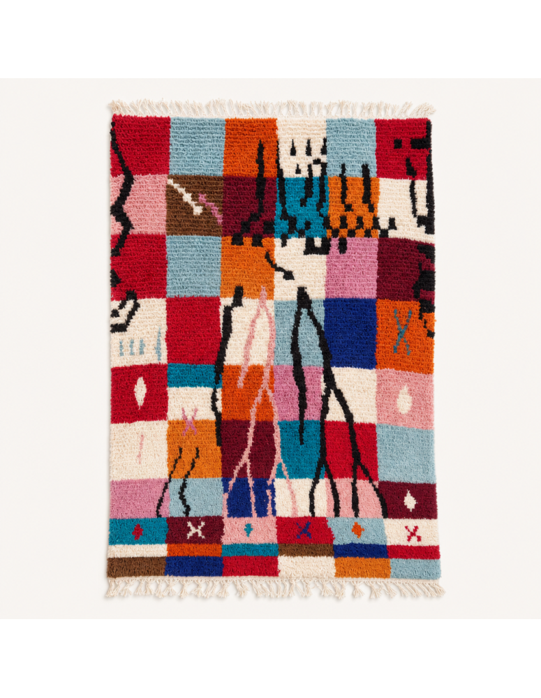 Tapis Beni Ouarain artisanal marocain en laine rouge, orange et multicolore
