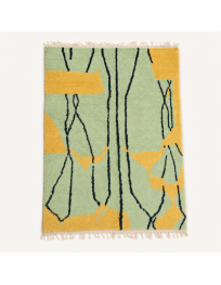 Tapis Beni Ouarain artisanal marocain en laine vert menthe et ocre, motif abstrait organique