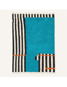 Tapis Beni Ouarain artisanal marocain en laine turquoise et noir à motifs géométriques