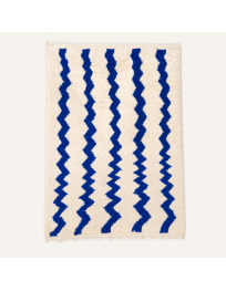 Tapis Beni Ouarain artisanal marocain en laine ivoire et bleu cobalt à motif zigzag