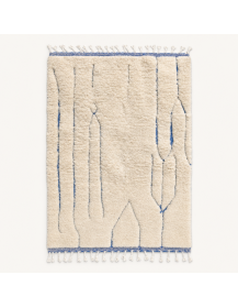 Tapis Beni Ouarain artisanal marocain en laine ivoire écru et bleu gris à bandes verticales en relief