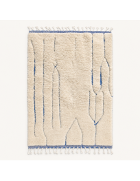 Tapis Beni Ouarain artisanal marocain en laine ivoire écru et bleu gris à bandes verticales en relief