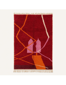 Tapis Beni Ouarain artisanal marocain en laine bordeaux et orange vif à motif abstrait