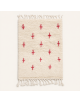 Tapis Beni Ouarain artisanal marocain en laine ivoire à motifs géométriques rouges
