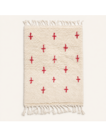 Tapis Beni Ouarain artisanal marocain en laine ivoire à motifs géométriques rouges
