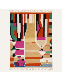 Tapis Beni Ouarain artisanal marocain en laine crème et multicolore à motifs géométriques abstraits