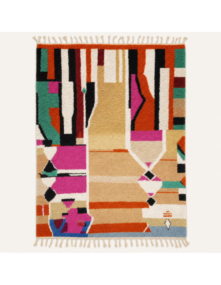 Tapis Beni Ouarain artisanal marocain en laine crème et multicolore à motifs géométriques abstraits