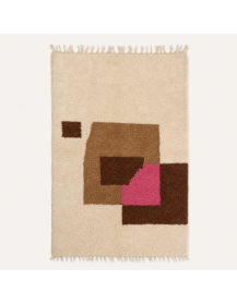 Tapis Beni Ouarain artisanal marocain en laine ivoire écru avec motif géométrique brun, camel et rose fuchsia