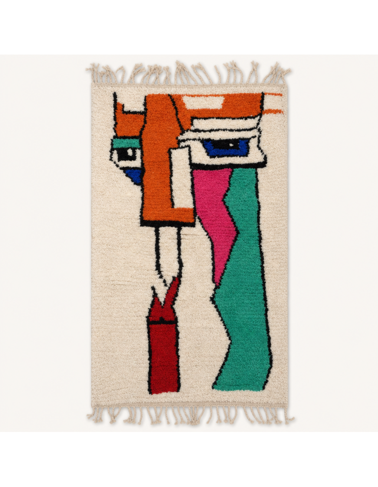 Tapis Beni Ouarain artisanal marocain en laine écrue à motif figuratif abstrait multicolore