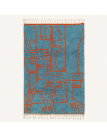 Tapis Beni Ouarain artisanal marocain en laine bleu turquoise poudré et orange rouille
