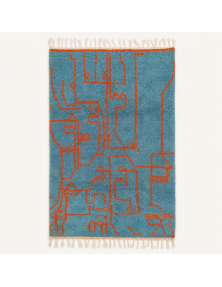 Tapis Beni Ouarain artisanal marocain en laine bleu turquoise poudré et orange rouille