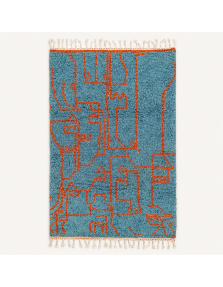 Tapis Beni Ouarain artisanal marocain en laine bleu turquoise poudré et orange rouille