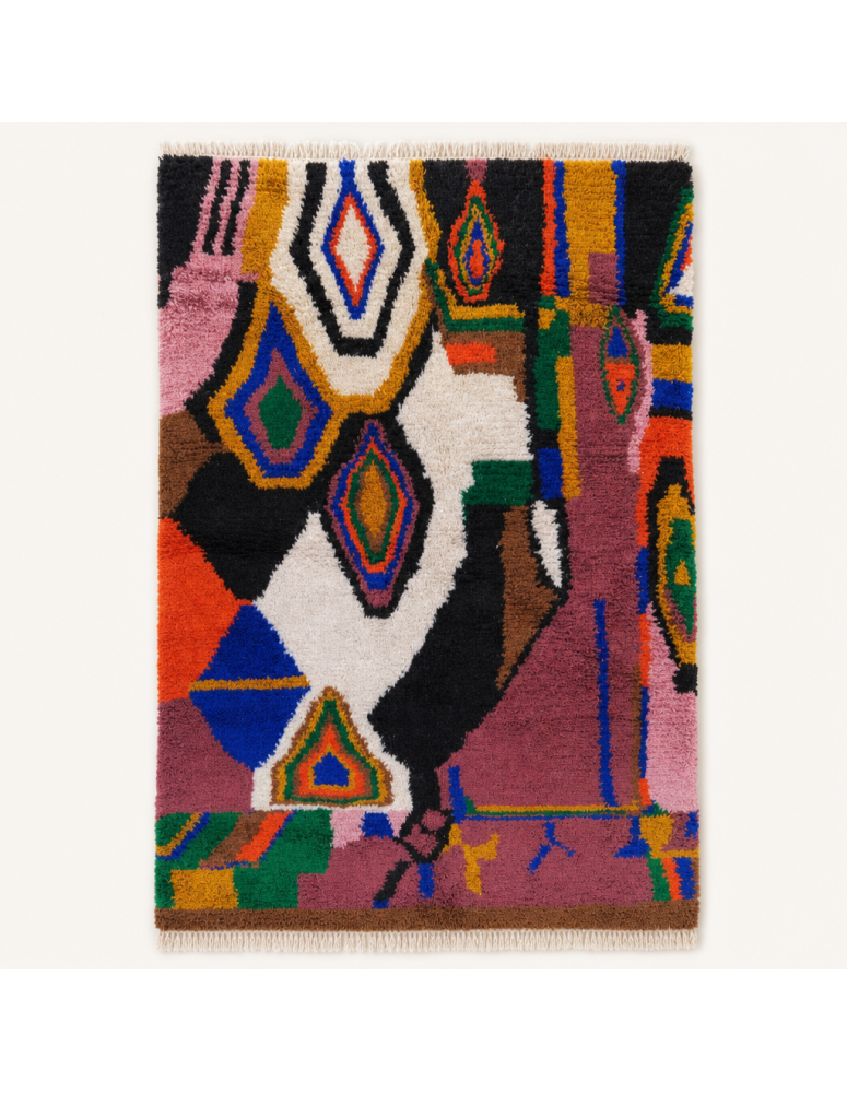 Tapis Beni Ouarain artisanal marocain en laine noir profond et multicolore