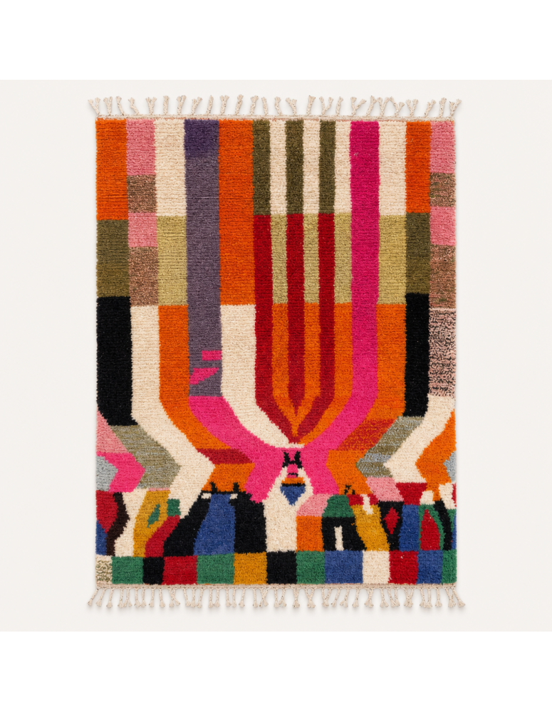 Tapis Beni Ouarain artisanal marocain en laine rose orange rouge et crème