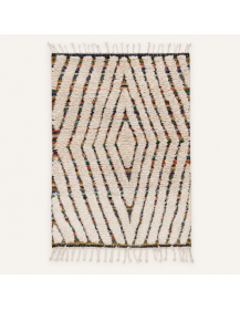Tapis Beni Ouarain artisanal marocain en laine ivoire à motif géométrique multicolore