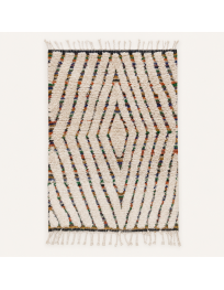 Tapis Beni Ouarain artisanal marocain en laine ivoire à motif géométrique multicolore