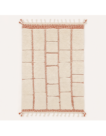 Tapis Beni Ouarain artisanal marocain en laine ivoire écru et terracotta à motif géométrique