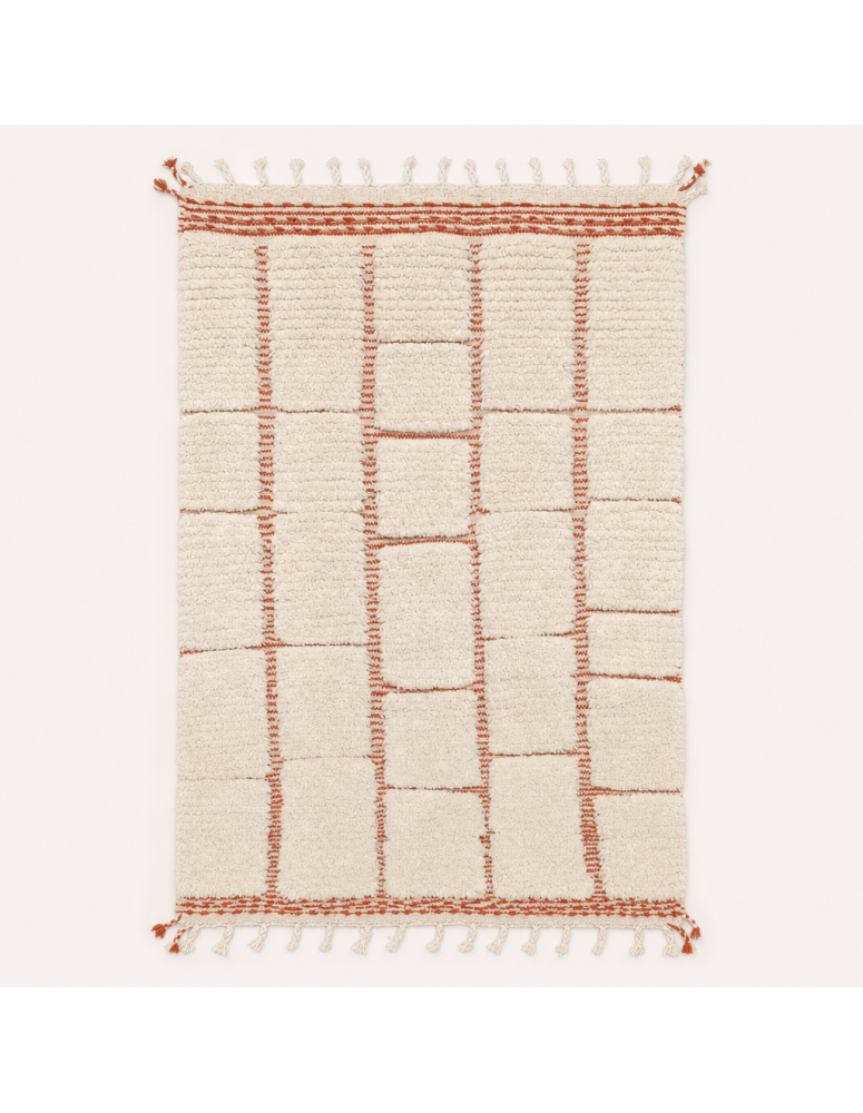 Tapis Beni Ouarain artisanal marocain en laine ivoire écru et terracotta à motif géométrique