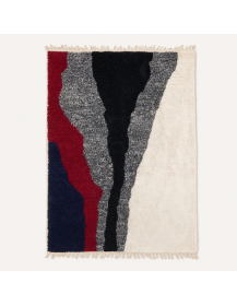 Tapis Beni Ouarain artisanal en laine ivoire, noir, gris charbon, bordeaux et bleu marine