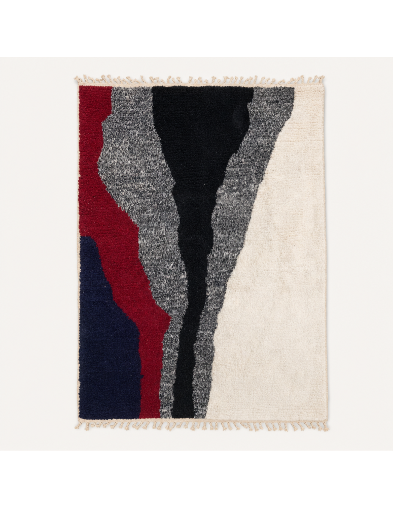 Tapis Beni Ouarain artisanal en laine ivoire, noir, gris charbon, bordeaux et bleu marine
