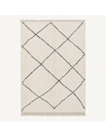 Tapis Beni Ouarain artisanal marocain en laine ivoire avec motif géométrique noir charbon