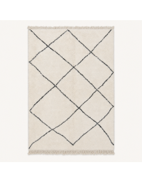 Tapis Beni Ouarain artisanal marocain en laine ivoire avec motif géométrique noir charbon