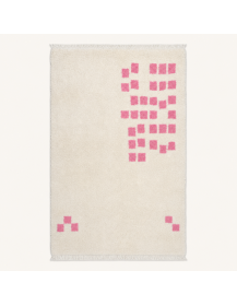 Tapis Beni Ouarain artisanal marocain en laine ivoire avec blocs géométriques rose vif