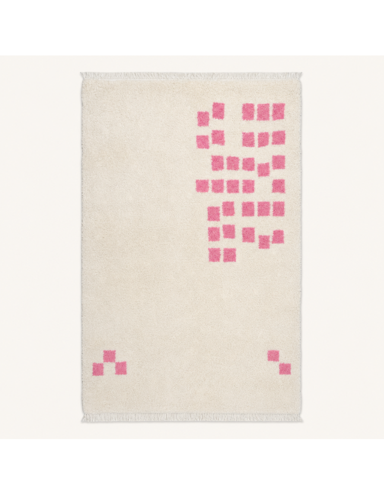 Tapis Beni Ouarain artisanal marocain en laine ivoire avec blocs géométriques rose vif