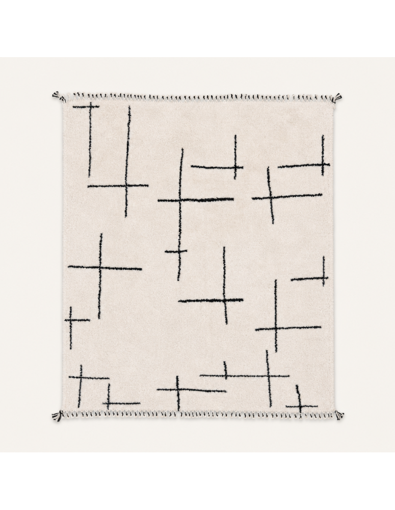 Tapis Beni Ouarain artisanal marocain en laine ivoire blanc cassé à motifs linéaires noirs